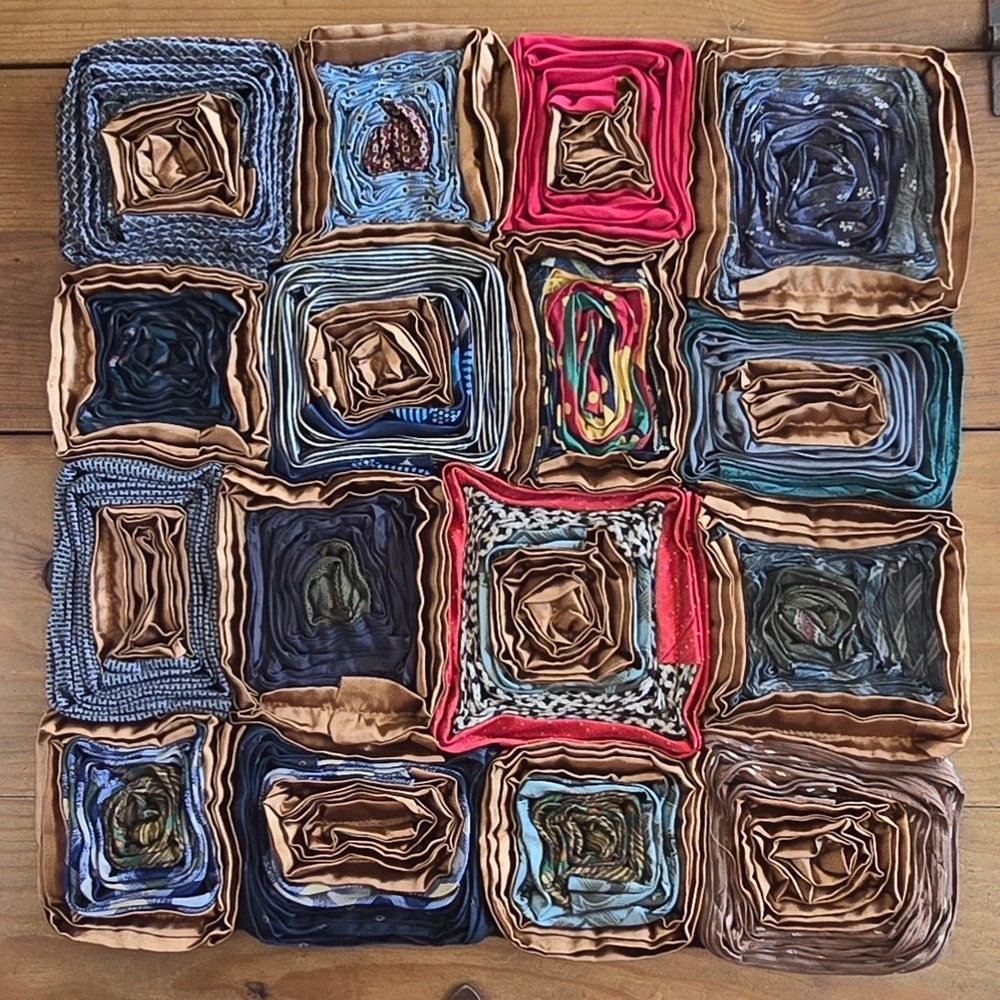 Vintage Dreamweavers Handmade Silk Tie Pillow Cover with Hand-Rolled Roses